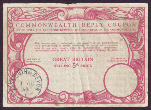 1963 Great Britain 5 Pence Reply Coupon L001198